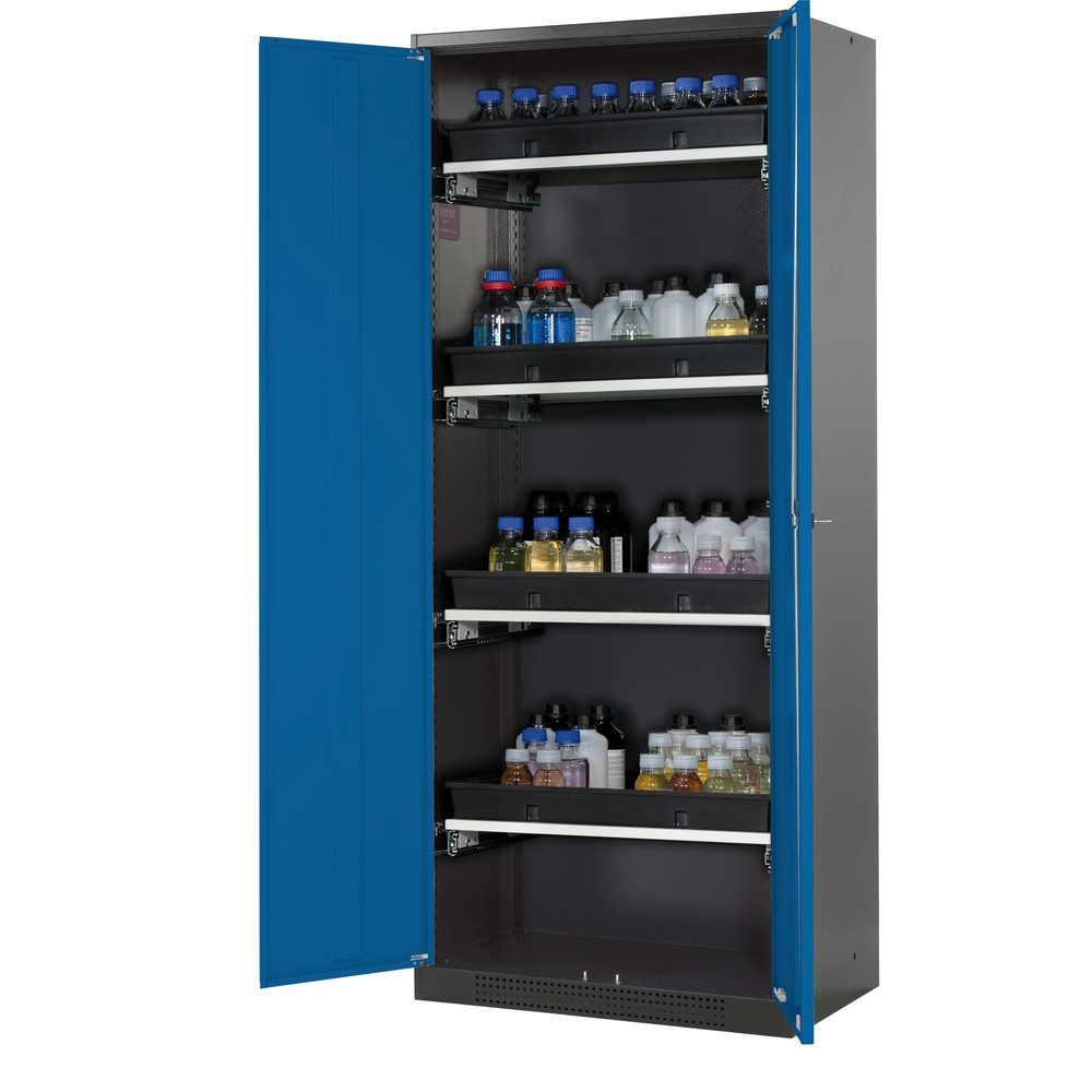 asecos® Chemikalienschrank CS-CLASSIC, mit 4 Tablarauszügen und PP-Wanne, HxBxT 1.950 x 810 x 520 mm, enzianblau