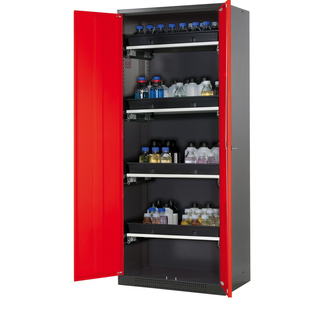 asecos® Chemikalienschrank CS-CLASSIC, mit 4 Tablarauszügen und PP-Wanne, HxBxT 1.950 x 810 x 520 mm, verkehrsrot
