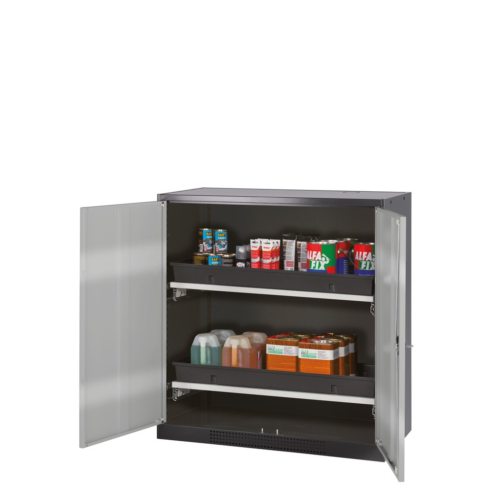 asecos® Chemikalienschrank CS-CLASSIC, mit 2 Tablarauszügen und PP-Wanne, HxBxT 1.105 x 1.055 x 520 mm, reinweiss
