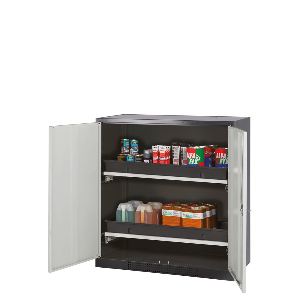 asecos® Chemikalienschrank CS-CLASSIC, mit 2 Tablarauszügen und PP-Wanne, HxBxT 1.105 x 1.055 x 520 mm, lichtgrau