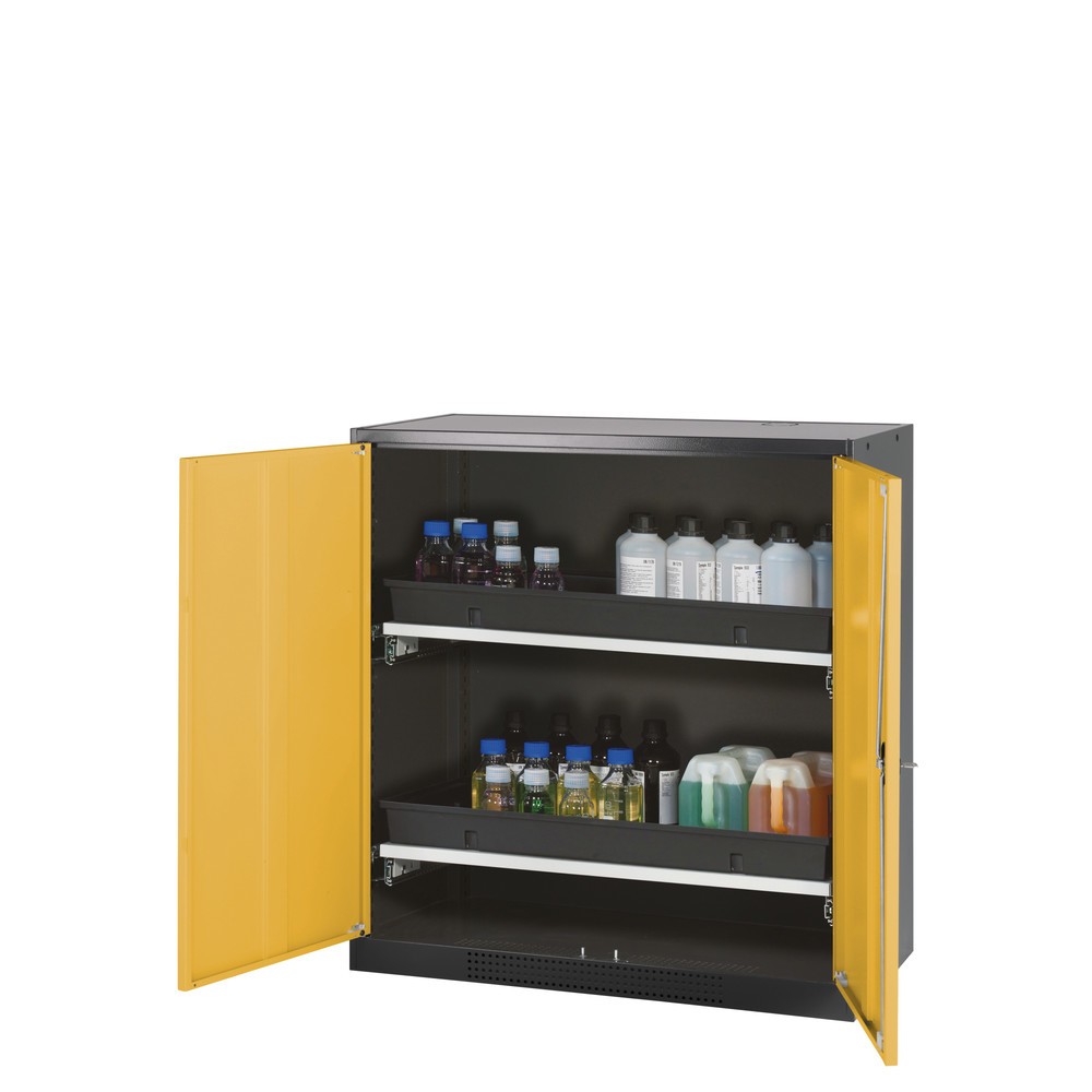 asecos® Chemikalienschrank CS-CLASSIC, mit 2 Tablarauszügen und PP-Wanne, HxBxT 1.105 x 1.055 x 520 mm, goldgelb