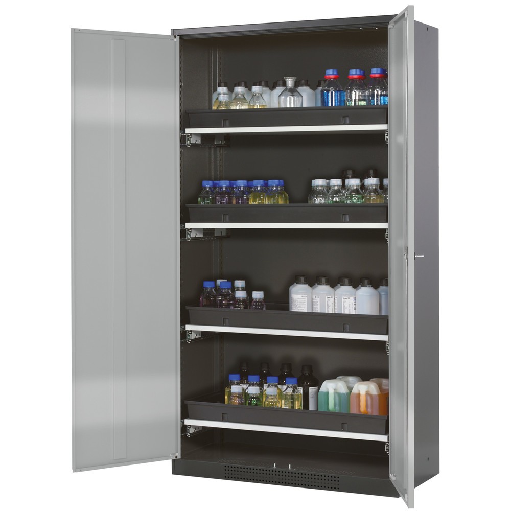 asecos® Chemikalienschrank CS-CLASSIC, mit 4 Tablarauszügen und PP-Wanne, HxBxT 1.950 x 1.055 x 520 mm, silber