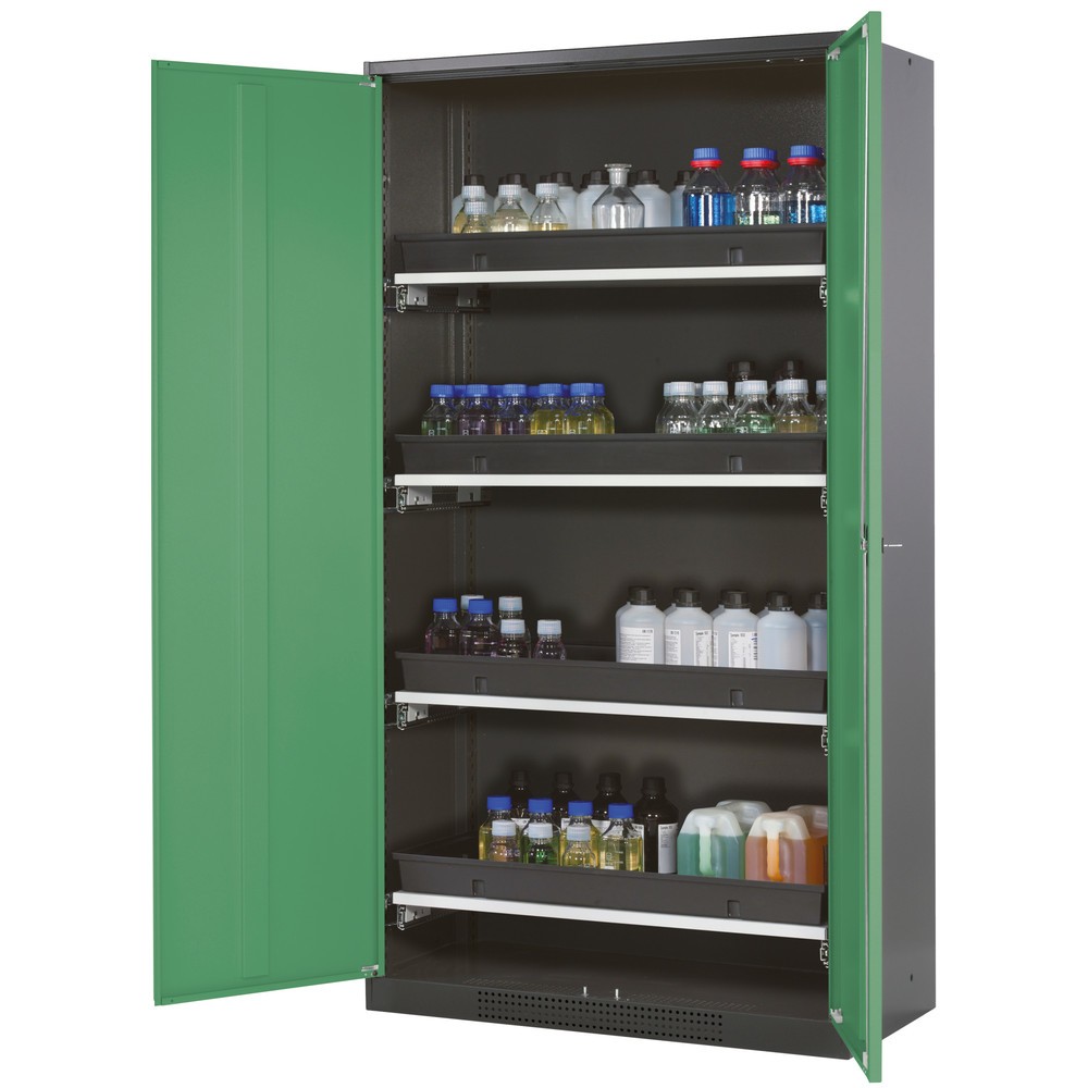 asecos® Chemikalienschrank CS-CLASSIC, mit 4 Tablarauszügen und PP-Wanne, HxBxT 1.950 x 1.055 x 520 mm, resedagrün