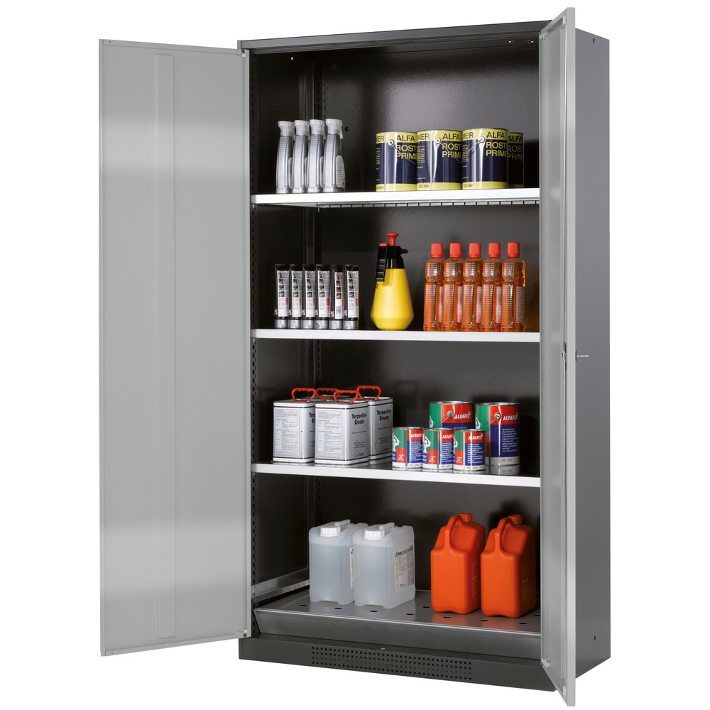 asecos® Chemikalienschrank CS-CLASSIC, mit Bodenauffangwanne mit Lochblech und 3 Fachböden, HxBxT 1.950 x 1.055 x 520 mm, silber