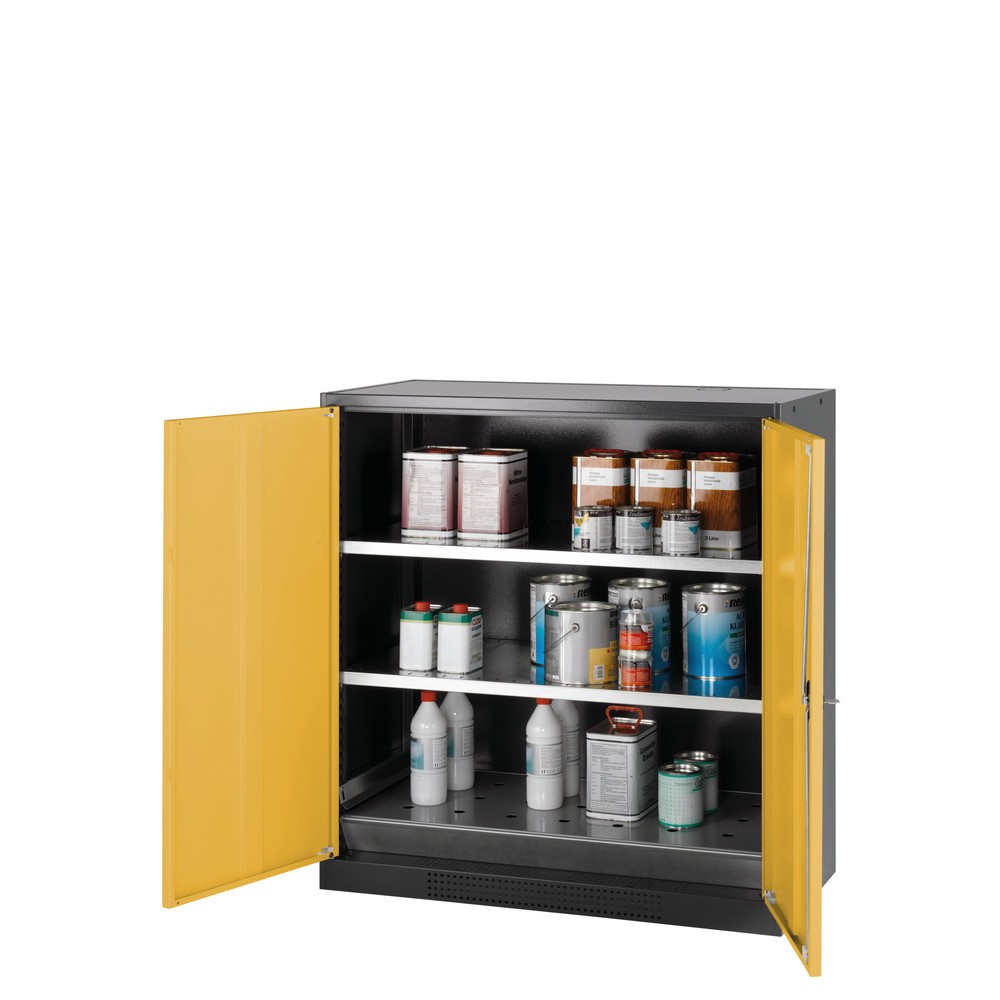 asecos® Chemikalienschrank CS-CLASSIC, mit Bodenauffangwanne mit Lochblech und 2 Fachböden, HxBxT 1.105 x 1.055 x 520 mm, goldgelb