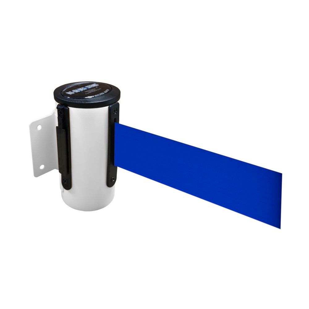 RS-GUIDESYSTEMS® Wandgurt-Kassette aus Metall, pulverbeschichtet, Auszugslänge 2,3 m, weiss, blau