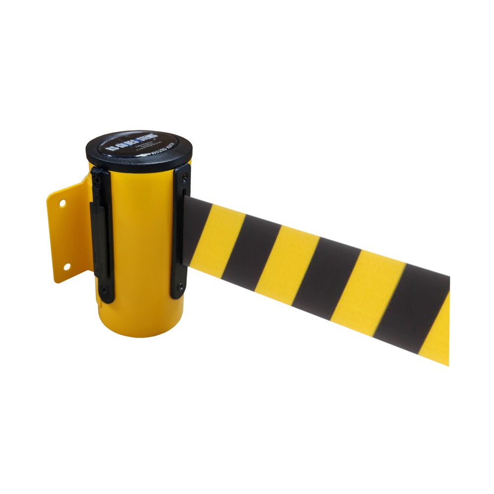 RS-GUIDESYSTEMS® Wandgurt-Kassette aus Metall, pulverbeschichtet, Auszugslänge 4 m, gelb, schwarz / gelb diagonal gestreift
