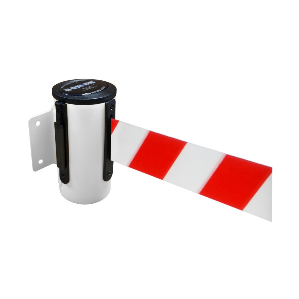 RS-GUIDESYSTEMS® Wandgurt-Kassette aus Metall, pulverbeschichtet, Auszugslänge 4 m, weiss, rot / weiss diagonal gestreift