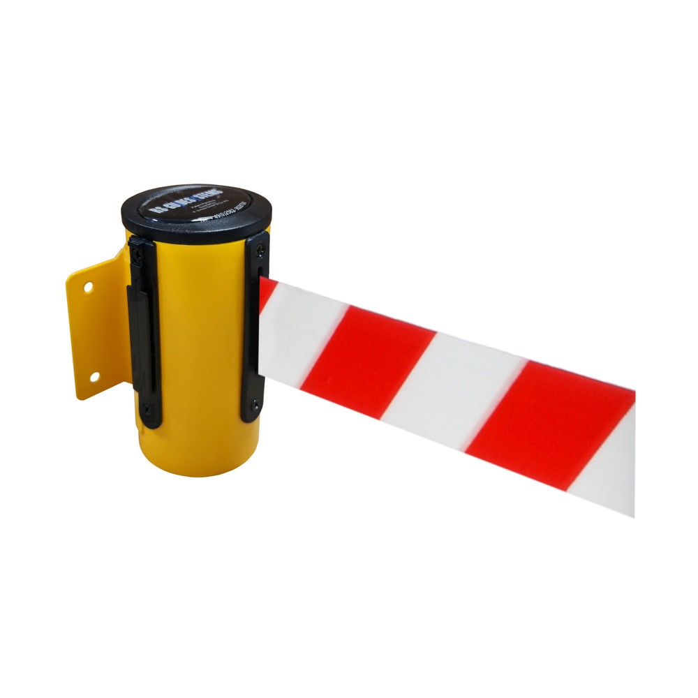RS-GUIDESYSTEMS® Wandgurt-Kassette aus Metall, pulverbeschichtet, Auszugslänge 4 m, gelb, rot / weiss diagonal gestreift
