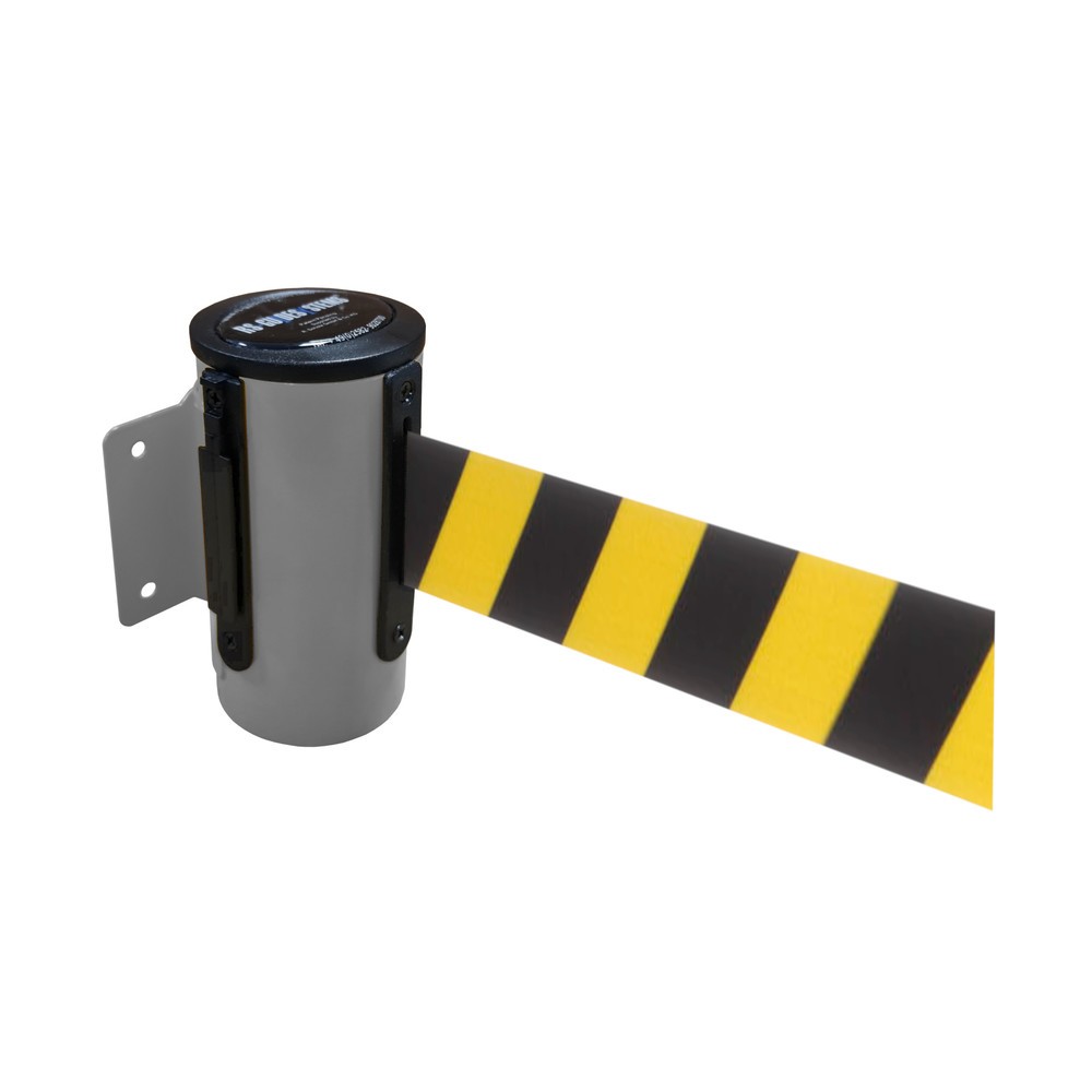 RS-GUIDESYSTEMS® Wandgurt-Kassette aus Metall, pulverbeschichtet, Auszugslänge 4 m, grau, schwarz / gelb diagonal gestreift