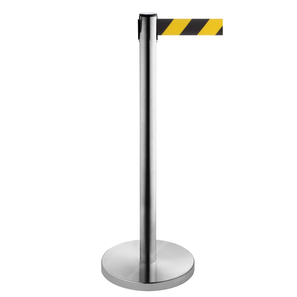 RS-GUIDESYSTEMS® Gurt-Absperrpfosten, Edelstahl, Gurtbreite 50 mm, schwarz / gelb diagonal gestreift, 4,0 m