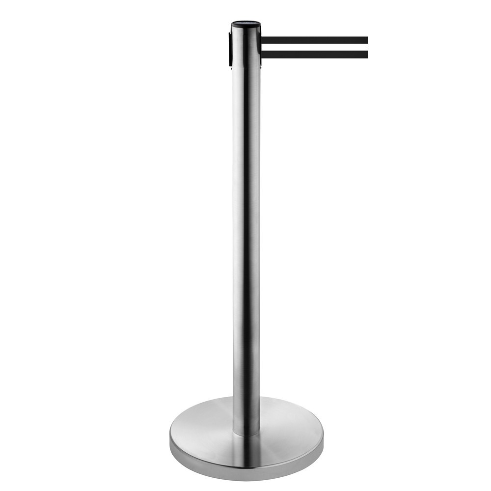 RS-GUIDESYSTEMS® Gurt-Absperrpfosten, Edelstahl, Gurtbreite 50 mm, schwarz / weiss horizontal gestreift, 2,3 m