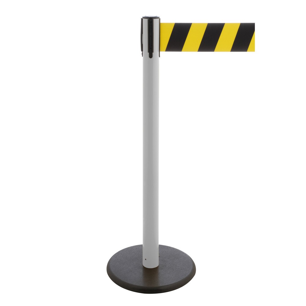 RS-GUIDESYSTEMS® Gurt-Absperrpfosten, Bodenteller aus Guss, Gurtbreite 100 mm, weiss, schwarz / gelb diagonal gestreift, 3,8 m
