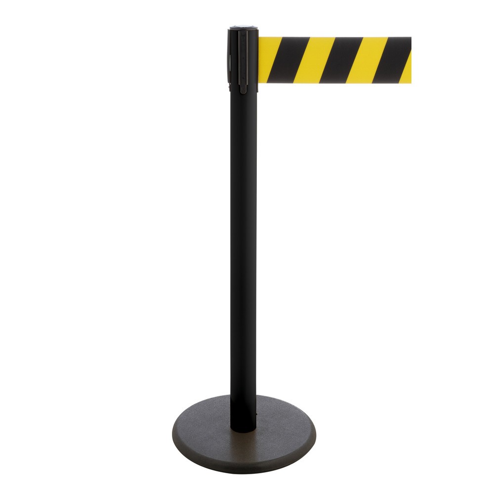 RS-GUIDESYSTEMS® Gurt-Absperrpfosten, Bodenteller aus Guss, Gurtbreite 100 mm, schwarz, schwarz / gelb diagonal gestreift, 3,8 m