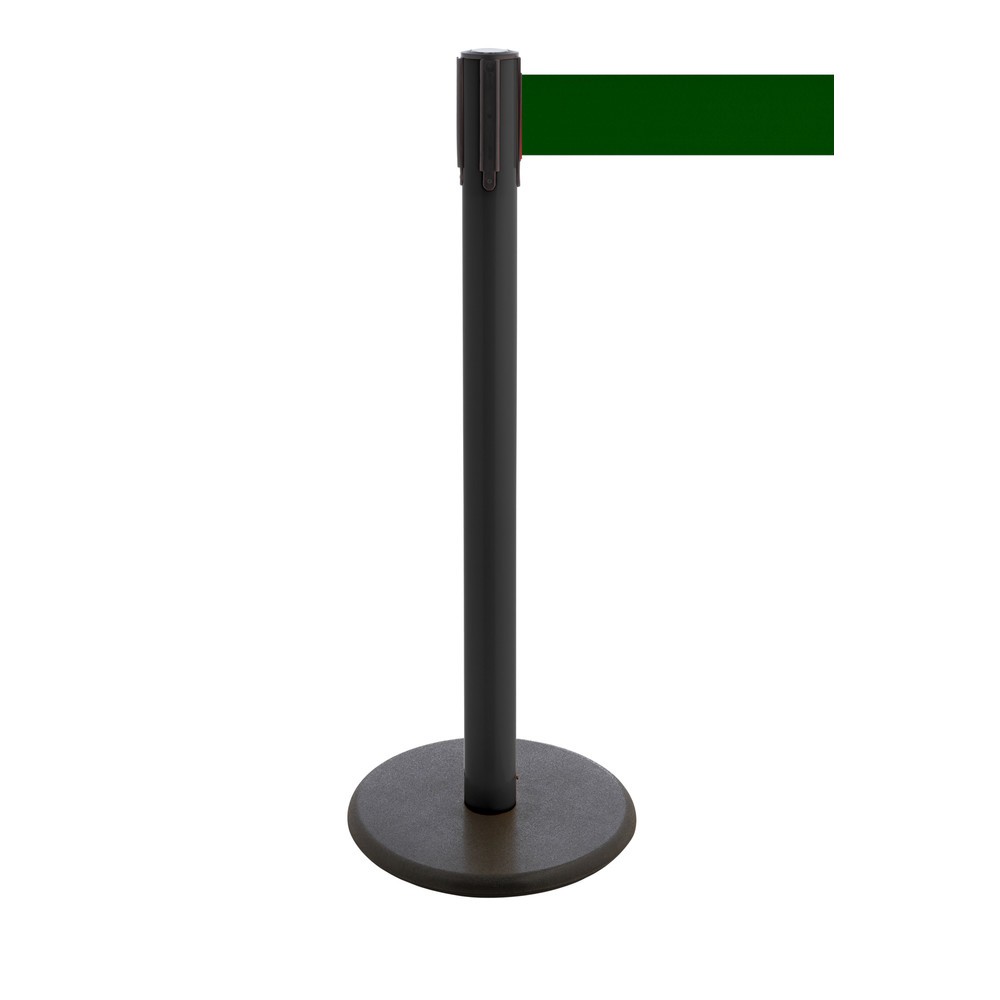 RS-GUIDESYSTEMS® Gurt-Absperrpfosten, Bodenteller aus Guss, Gurtbreite 100 mm, schwarz, dunkelgrün, 3,8 m