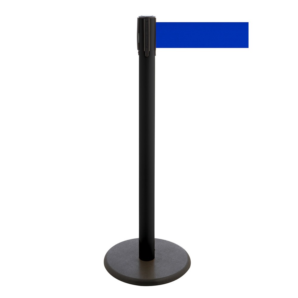 RS-GUIDESYSTEMS® Gurt-Absperrpfosten, Bodenteller aus Guss, Gurtbreite 100 mm, schwarz, blau, 2,3 m