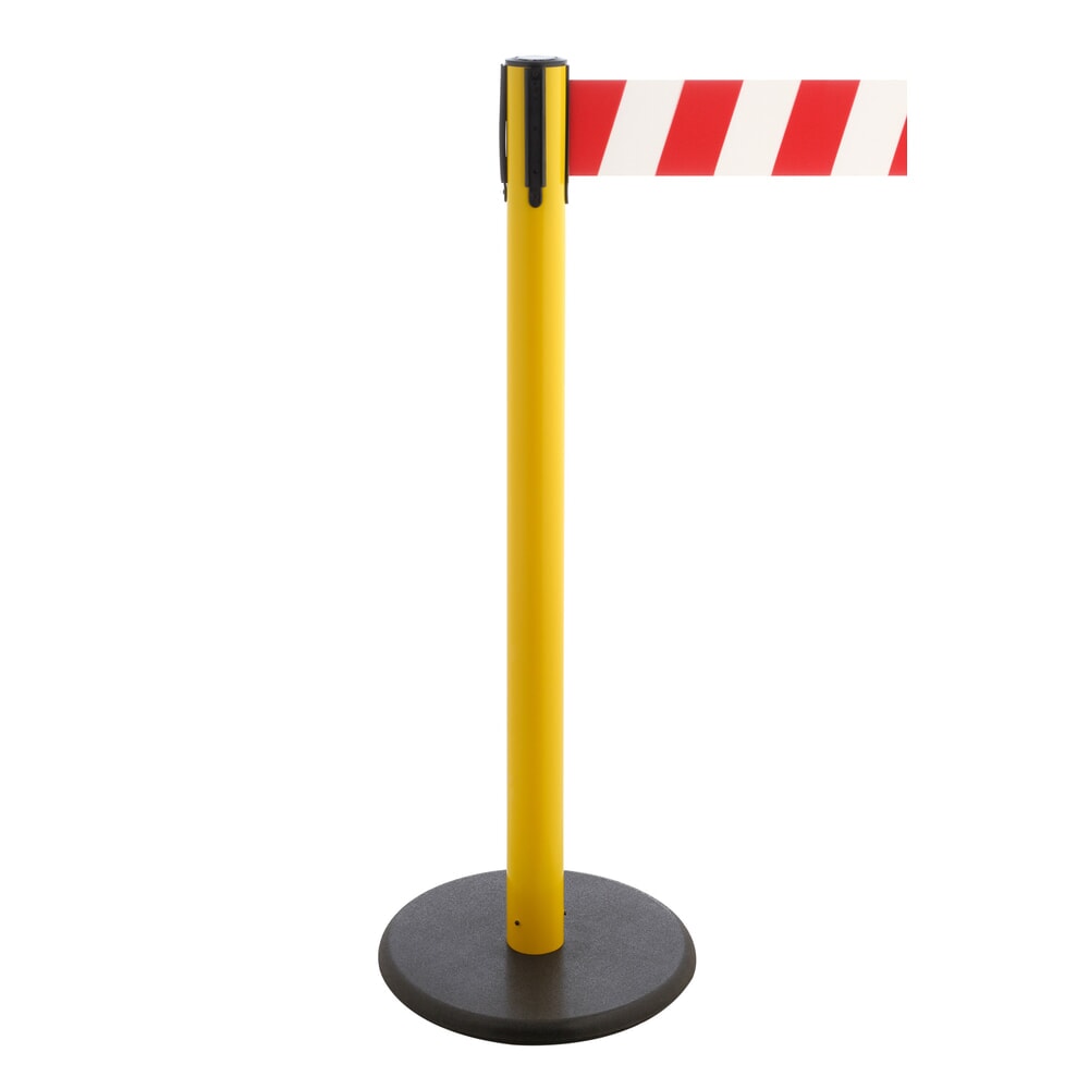 RS-GUIDESYSTEMS® Gurt-Absperrpfosten, Bodenteller aus Guss, Gurtbreite 100 mm, gelb, rot / weiß diagonal gestreift, 3,8 m