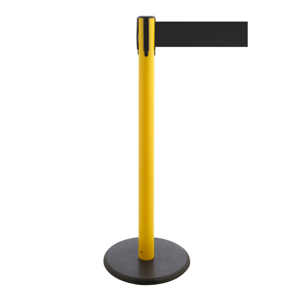 RS-GUIDESYSTEMS® Gurt-Absperrpfosten, Bodenteller aus Guss, Gurtbreite 100 mm, gelb, schwarz, 3,8 m