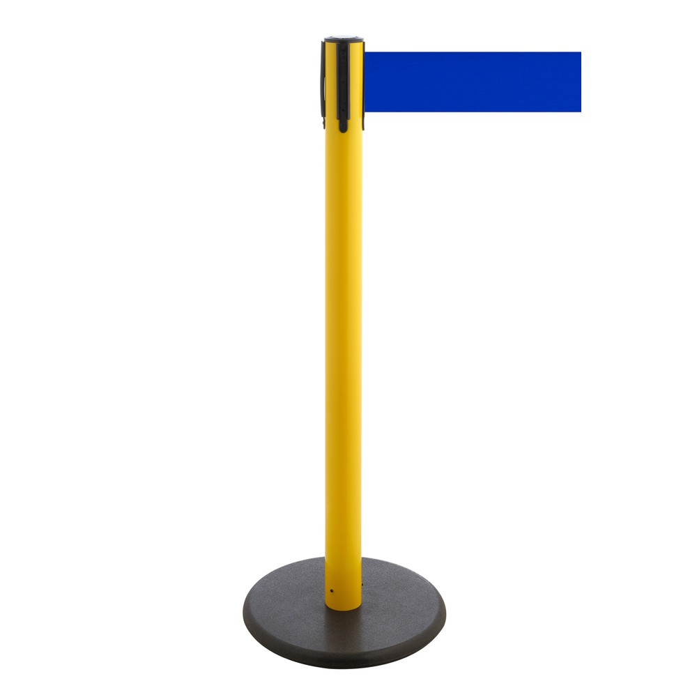 RS-GUIDESYSTEMS® Gurt-Absperrpfosten, Bodenteller aus Guss, Gurtbreite 100 mm, gelb, blau, 3,8 m
