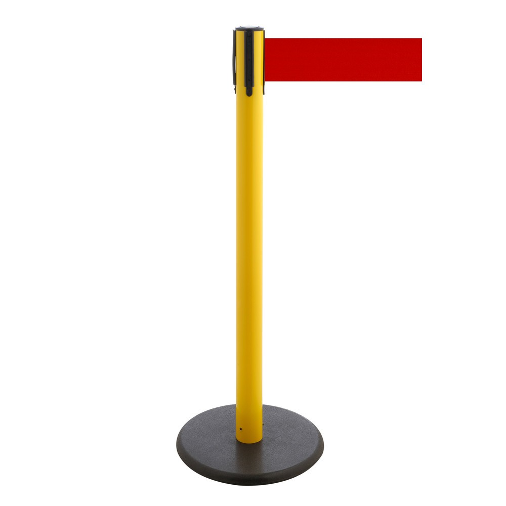 RS-GUIDESYSTEMS® Gurt-Absperrpfosten, Bodenteller aus Guss, Gurtbreite 100 mm, gelb, rot, 3,8 m