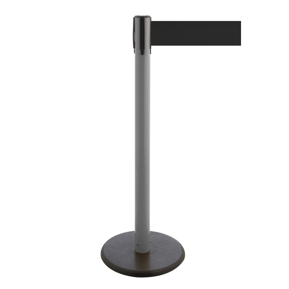 RS-GUIDESYSTEMS® Gurt-Absperrpfosten, Bodenteller aus Guss, Gurtbreite 100 mm, anthrazit, schwarz, 3,8 m