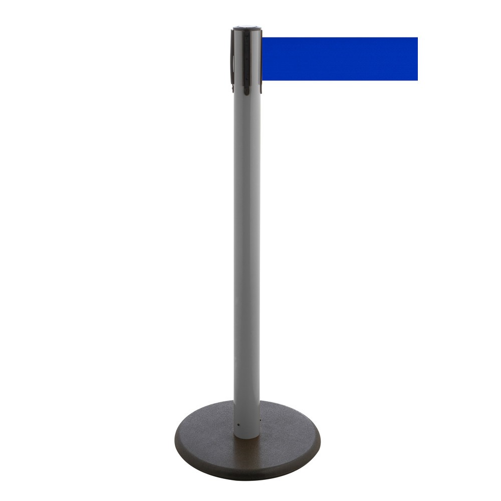 RS-GUIDESYSTEMS® Gurt-Absperrpfosten, Bodenteller aus Guss, Gurtbreite 100 mm, anthrazit, blau, 3,8 m