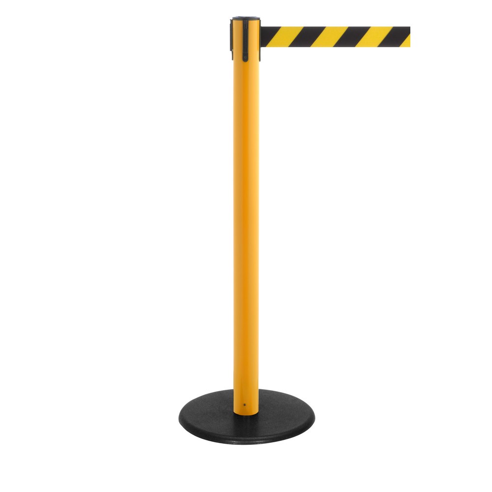 RS-GUIDESYSTEMS® Gurt-Absperrpfosten, Bodenteller aus Guss, Gurtbreite 50 mm, gelb, schwarz / gelb diagonal gestreift, 2,3 m