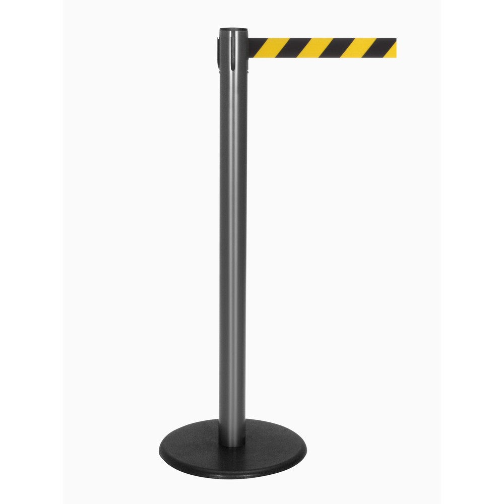 RS-GUIDESYSTEMS® Gurt-Absperrpfosten, Bodenteller aus Guss, Gurtbreite 50 mm, anthrazit, schwarz / gelb diagonal gestreift, 4,0 m