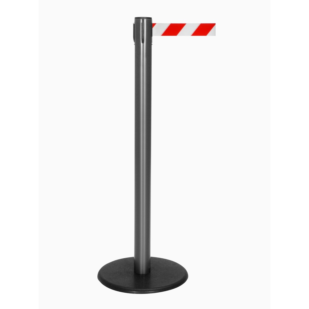 RS-GUIDESYSTEMS® Gurt-Absperrpfosten, Bodenteller aus Guss, Gurtbreite 50 mm, anthrazit, rot / weiss diagonal gestreift, 4,0 m