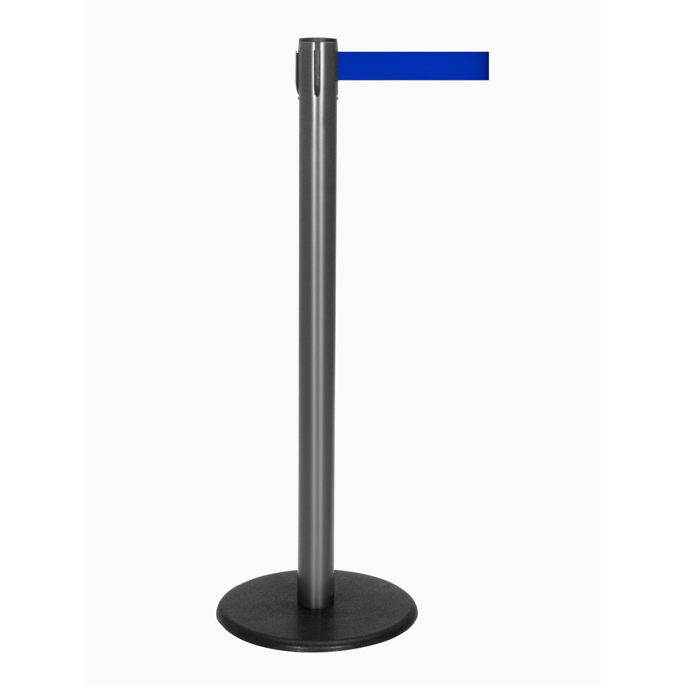 RS-GUIDESYSTEMS® Gurt-Absperrpfosten, Bodenteller aus Guss, Gurtbreite 50 mm, anthrazit, blau, 4,0 m