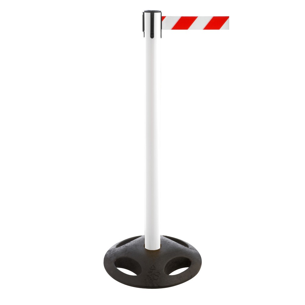 RS-GUIDESYSTEMS® Gurt-Absperrpfosten, Bodenteller aus Verbundwerkstoff, Gurtbreite 50 mm, weiss, rot / weiss diagonal gestreift