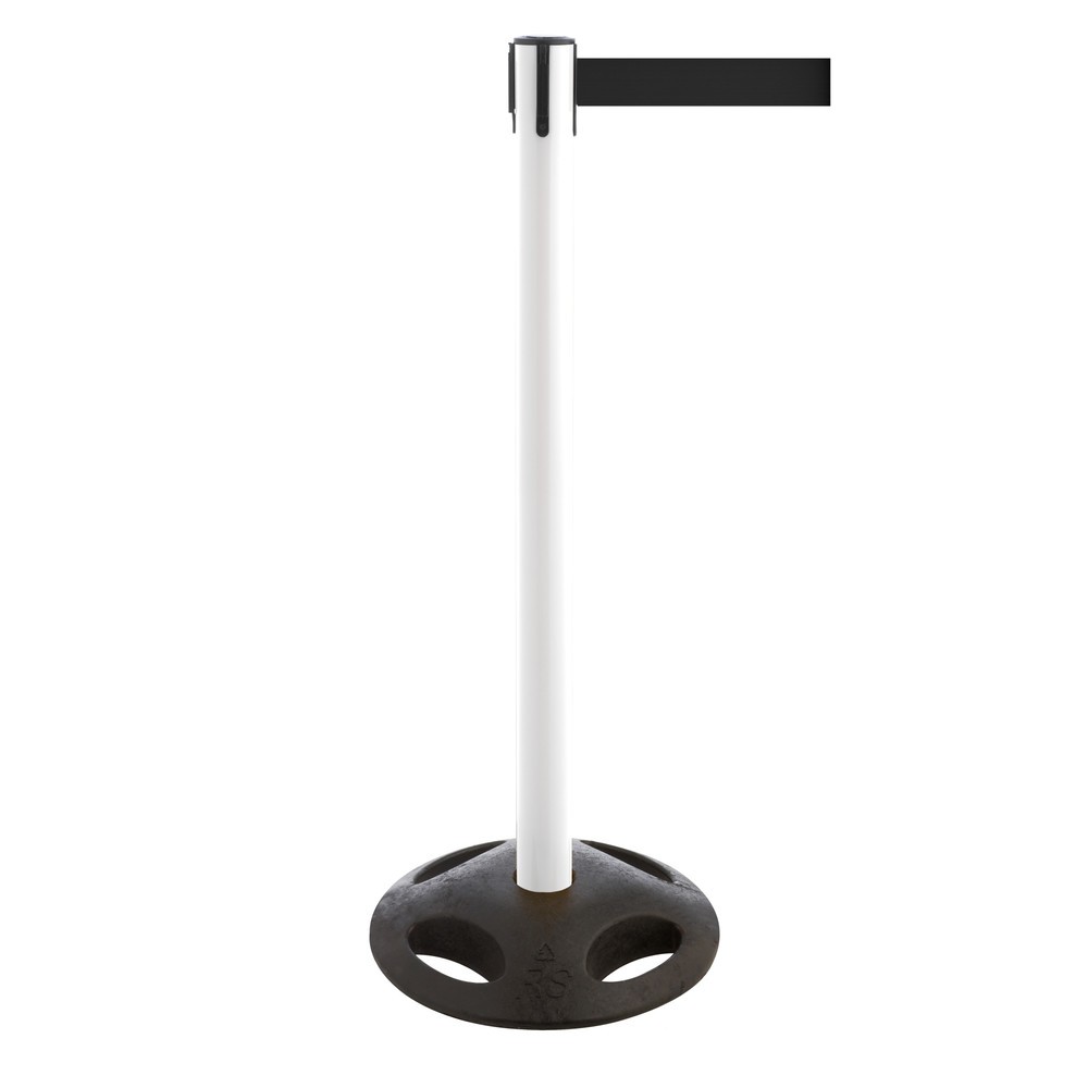RS-GUIDESYSTEMS® Gurt-Absperrpfosten, Bodenteller aus Verbundwerkstoff, Gurtbreite 50 mm, weiss, schwarz