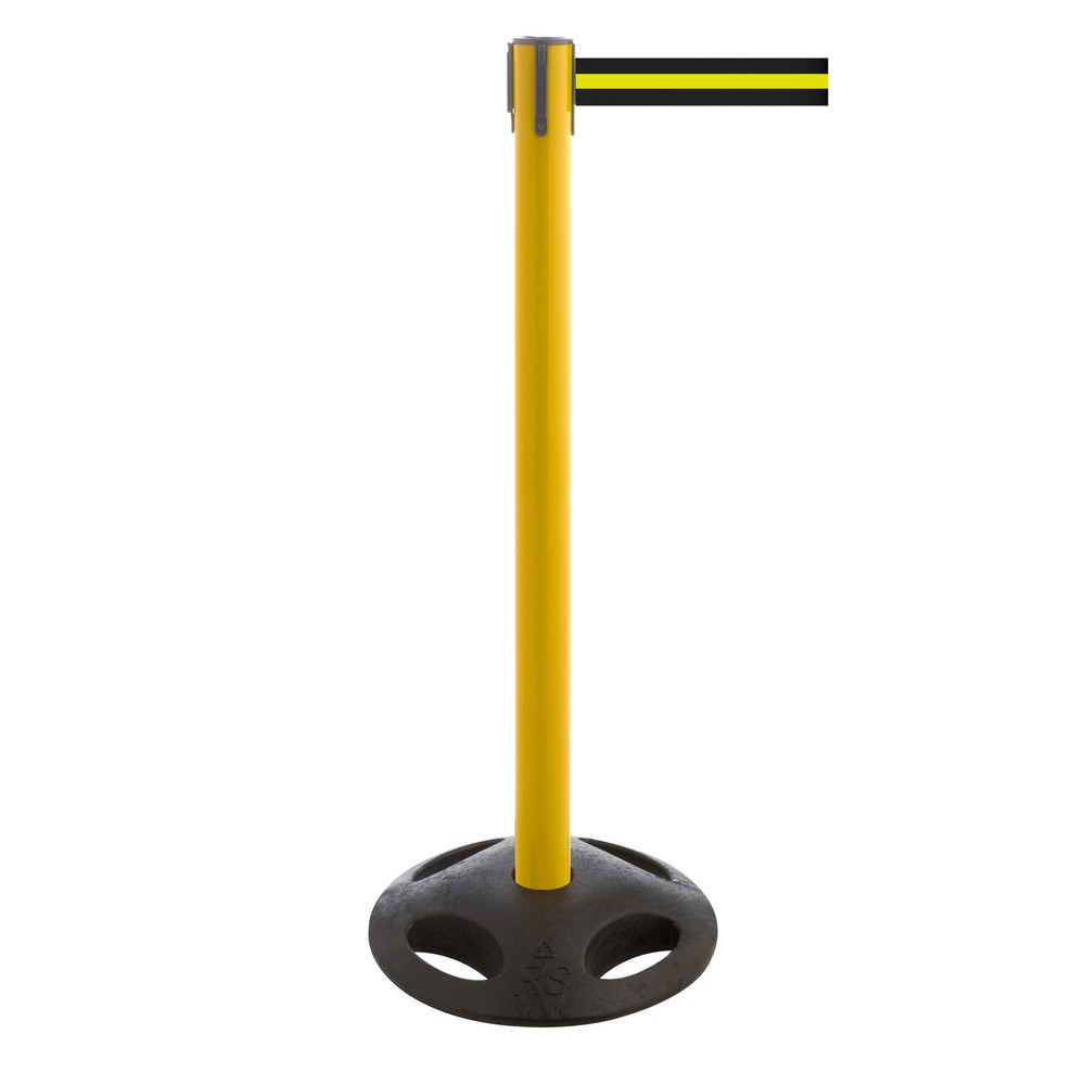 RS-GUIDESYSTEMS® Gurt-Absperrpfosten, Bodenteller aus Verbundwerkstoff, Gurtbreite 100 mm, gelb, schwarz / gelb horizontal gestreift