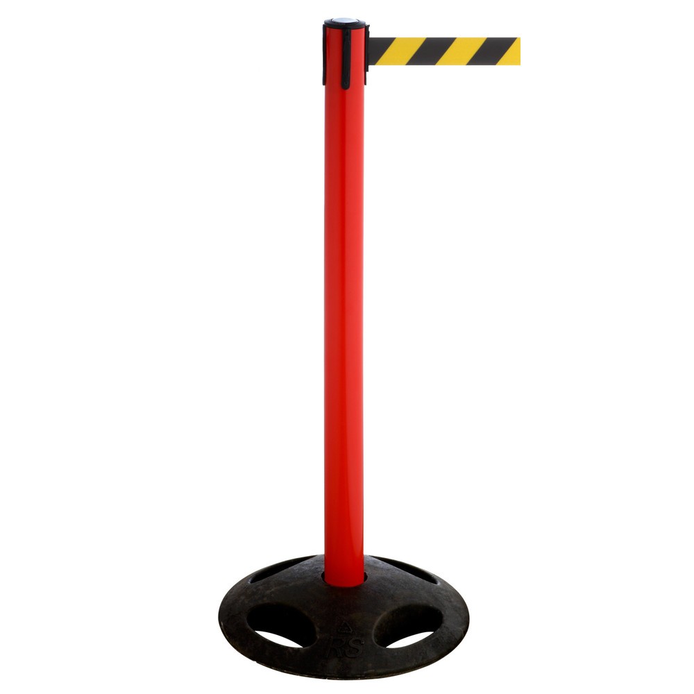 RS-GUIDESYSTEMS® Gurt-Absperrpfosten, Bodenteller aus Verbundwerkstoff, Gurtbreite 100 mm, rot, schwarz / gelb diagonal gestreift