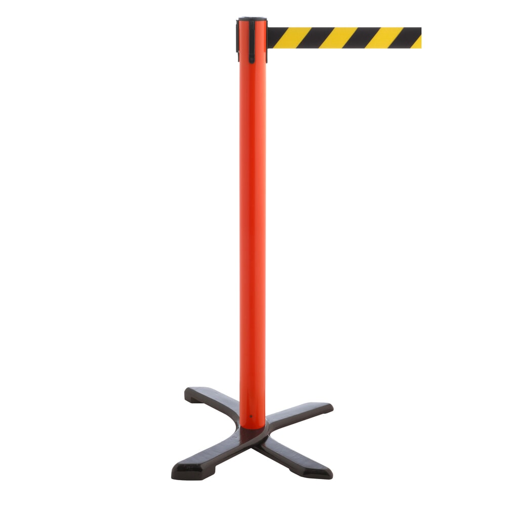 RS-GUIDESYSTEMS® Absperrpfosten Kreuzfuß, Gurtlänge 4 m, rot, schwarz / gelb diagonal gestreift