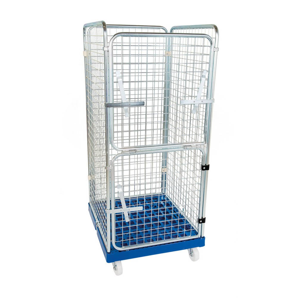 Rollbehälter Classic, 4-seitig, feinmaschig, blau verzinkt, Kunststoff-Rollplatte, CT-Verschluss, HxBxT 1.650 x 724 x 815 mm, verkehrsgrün