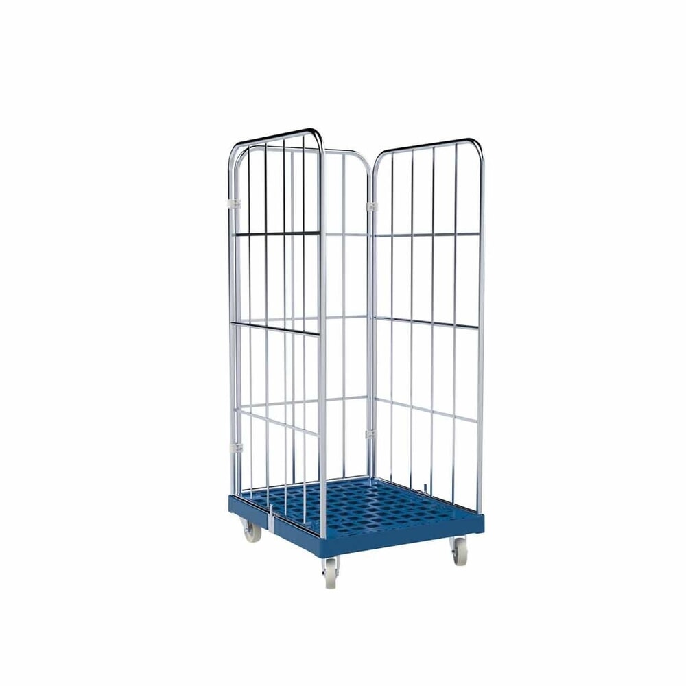Rollbehälter Classic, 3-seitig, grobmaschig, blau verzinkt, Kunststoff-Rollplatte, HxBxT 1.650 x 724 x 815 mm, enzianblau