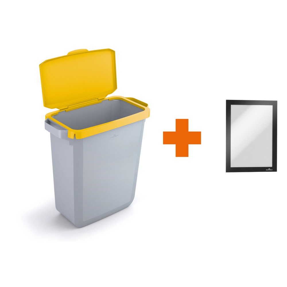 DURABLE Abfallbehälter DURABIN® 60L mit Klappdeckel + Info-Rahmen DURAFRAME®, gelb