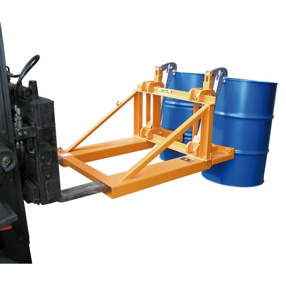 Bauer® Fassgreifer, Stahl- und Kunststoff-L-Ringfässer, Stapleranbau, Tragkraft 1.600 kg, RAL 2000 gelborange