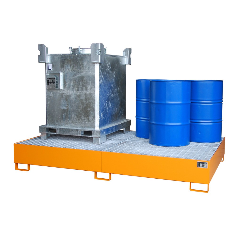 Bauer® Auffangwanne aus Stahl für 2x KTC/IBC oder 10x 200-Liter-Fässer, gelborange