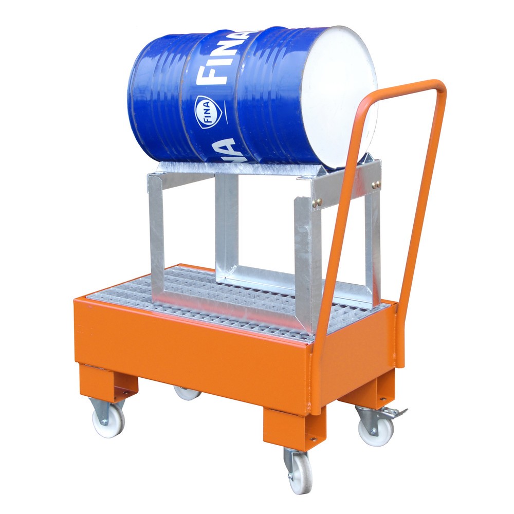 Bauer® Auffangwanne aus Stahl, verfahrbar, inkl. Fassbock, 1x 60 l liegend, Auffangvolumen 61 l, gelborange