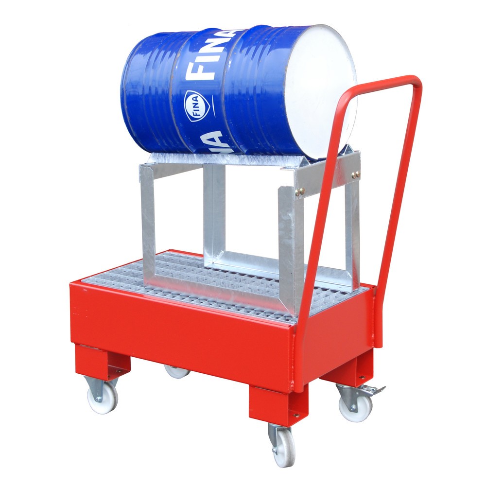 Bauer® Auffangwanne aus Stahl, verfahrbar, inkl. Fassbock, 1x 60 l liegend, Auffangvolumen 61 l, feuerrot