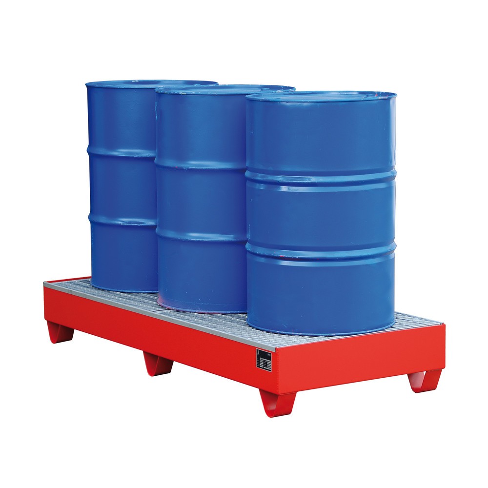 Bauer® Auffangwanne aus Stahl, Unterfahrhöhe 100 mm, HxBxT 275 x 1.800 x 800 mm, inkl. Gitterrost, 3x 200 l, feuerrot