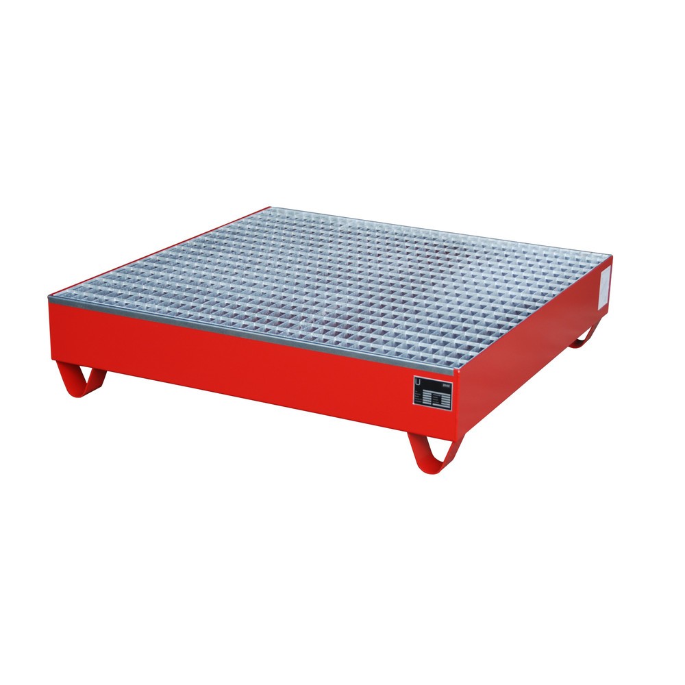 Bauer® Auffangwanne aus Stahl, Unterfahrhöhe 100 mm, HxBxT 285 x 1.200 x 1.200 mm, inkl. Gitterrost, 4x 200 l, feuerrot