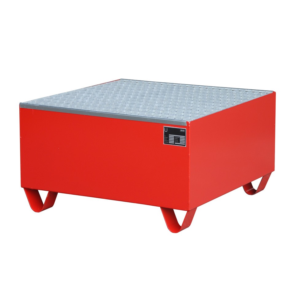 Bauer® Auffangwanne aus Stahl, Unterfahrhöhe 100 mm, HxBxT 465 x 800 x 800 mm, inkl. Gitterrost, 1x 200 l, feuerrot