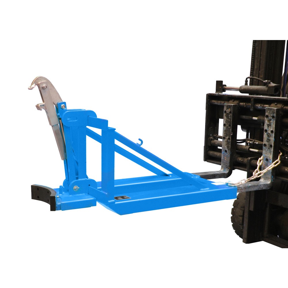Bauer® Fassgreifer, Kunststoff-Deckelfässer, Stapleranbau, Tragkraft 800 kg, RAL 5012 lichtblau