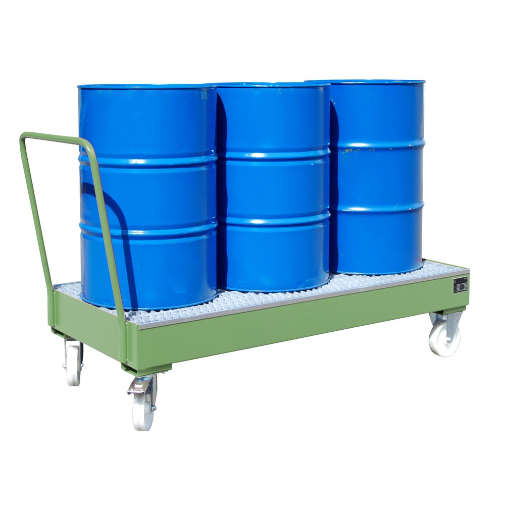 Bauer® Auffangwanne aus Stahl, verfahrbar, 3x 200 l stehend, Auffangvolumen 202 l, resedagrün
