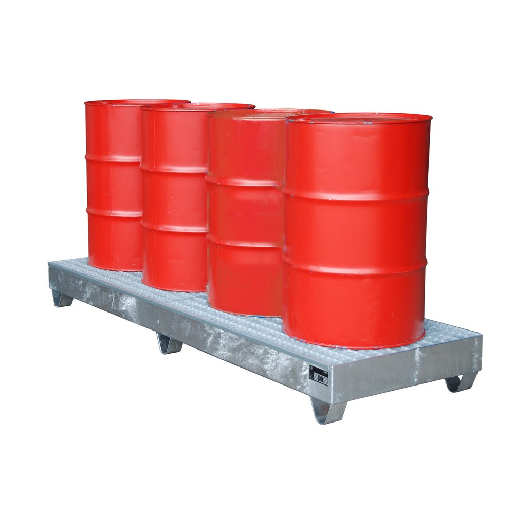 Bauer® Auffangwanne aus Stahl, Unterfahrhöhe 100 mm, HxBxT 250 x 2.400 x 800 mm, inkl. Gitterrost, 4x 200 l, feuerverzinkt