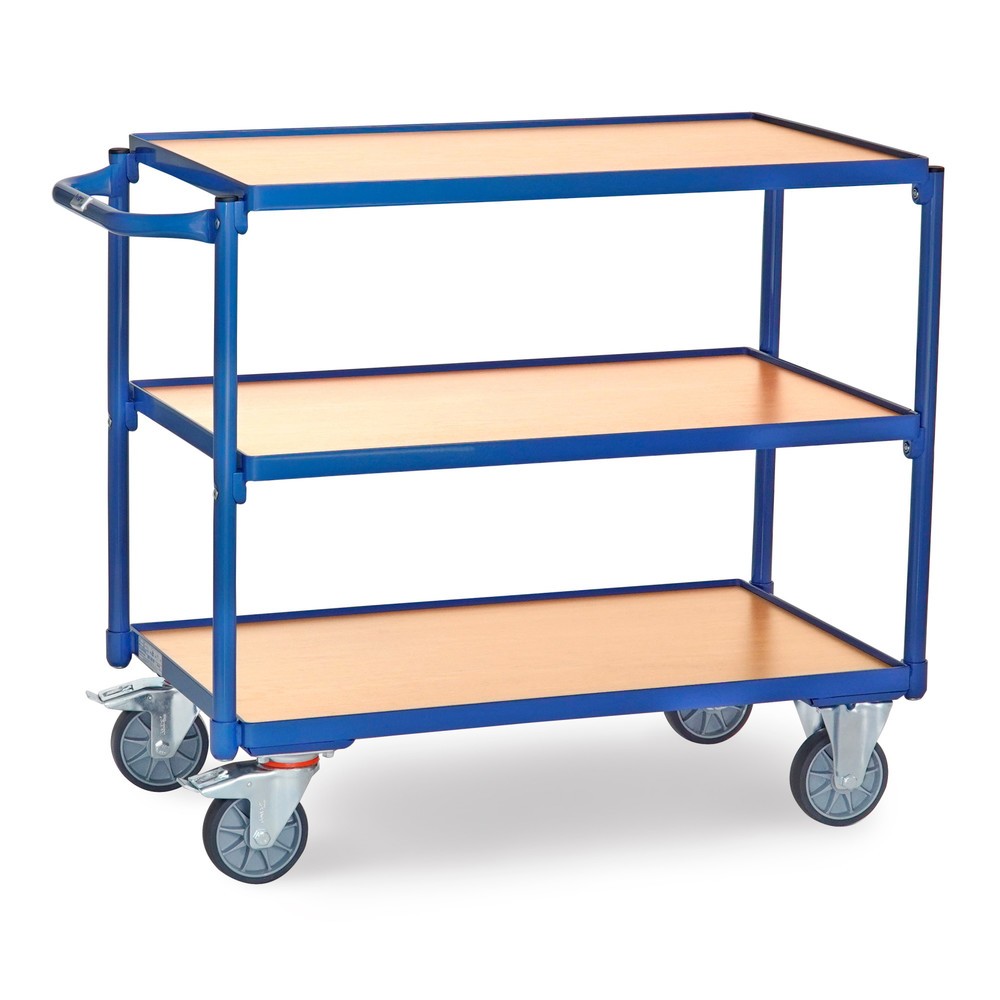 fetra® Tischwagen, TK 300 kg, 3 Etagen à 850 x 500 mm, waagerechter Schiebebügel
