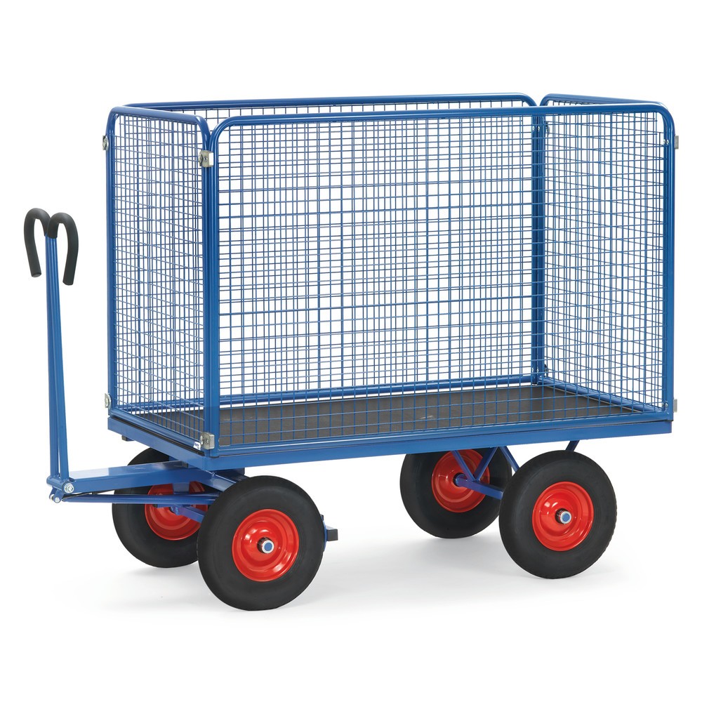fetra® Handpritschenwagen mit Drahtgitterwänden H 1.000 mm, Ladefläche 1.000 x 2.000 mm, TK 1.250 kg, Vollgummi-Bereifung